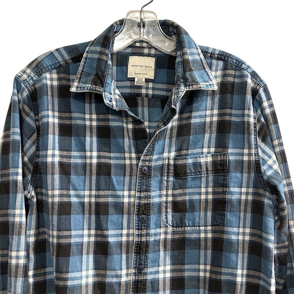 American Eagle Men's M Blue Plaid Super Soft Flannel Button-Up Shirt Long Sleeve - Picture 3 of 8